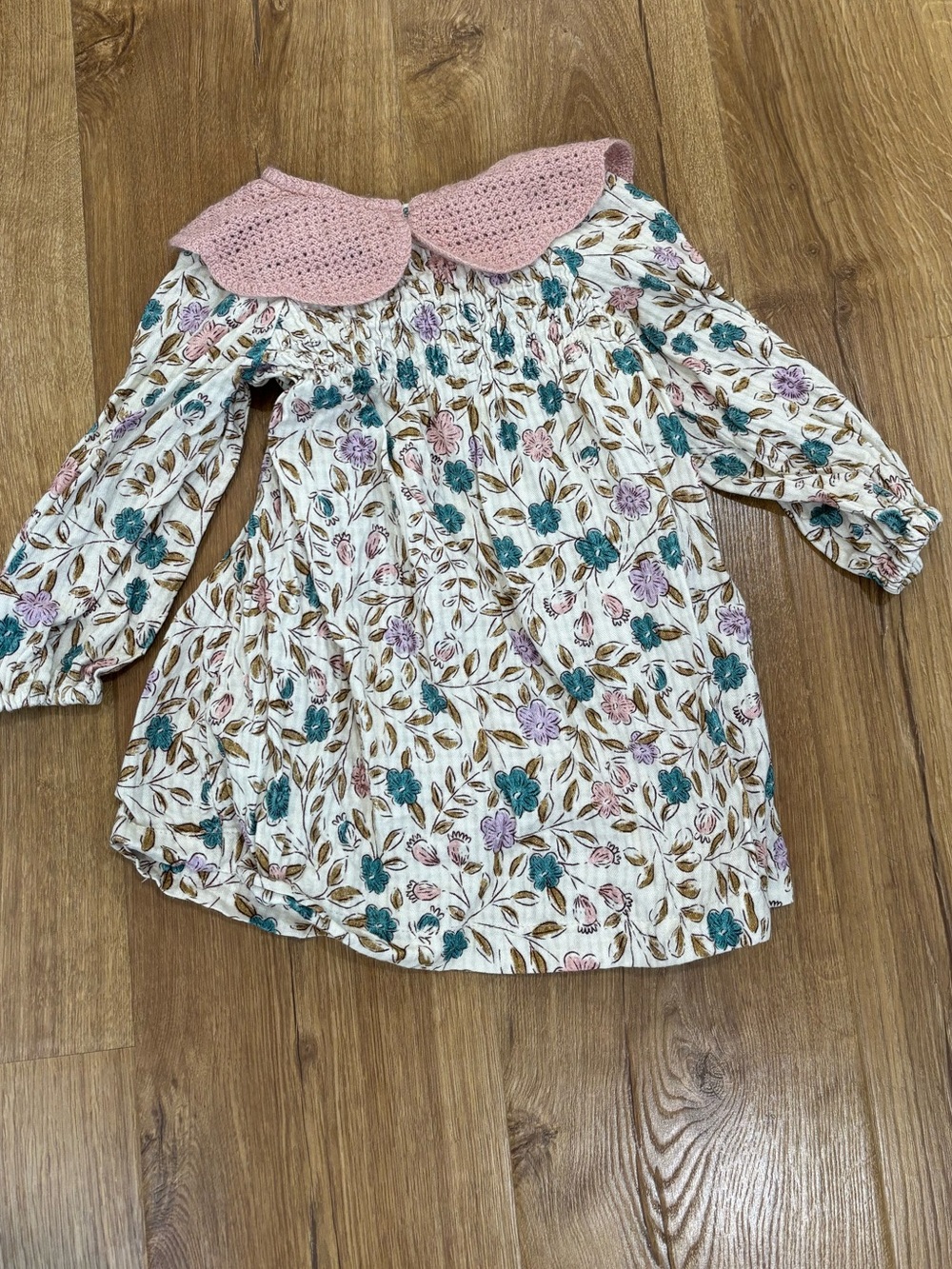 Zara Knit Collar Cotton Gauze Floral Long Sleeve Dress